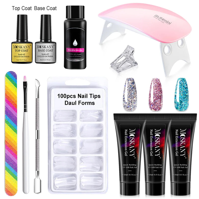 Poly Nail Gel Full Set with 6W LED Lamp Nail Set for Beginner Nail Tips Art 3D Design Decoration Extension Manicure Tools Kit