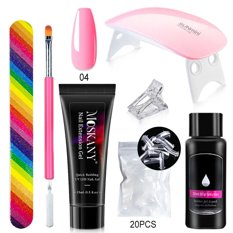 Poly Nail Gel Full Set with 6W LED Lamp Nail Set for Beginner Nail Tips Art 3D Design Decoration Extension Manicure Tools Kit