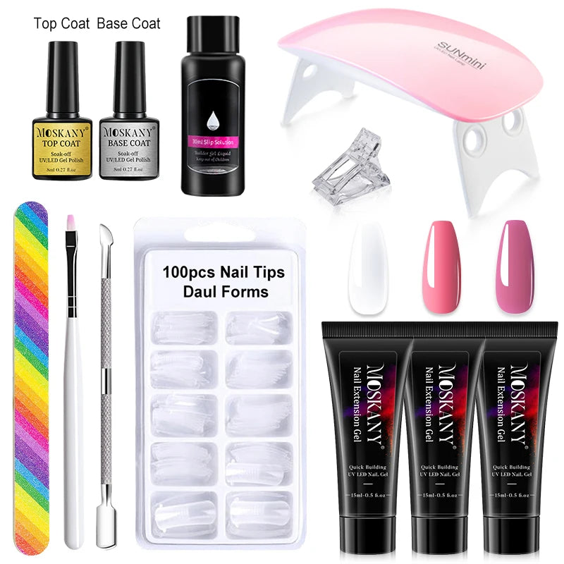 Poly Nail Gel Full Set with 6W LED Lamp Nail Set for Beginner Nail Tips Art 3D Design Decoration Extension Manicure Tools Kit