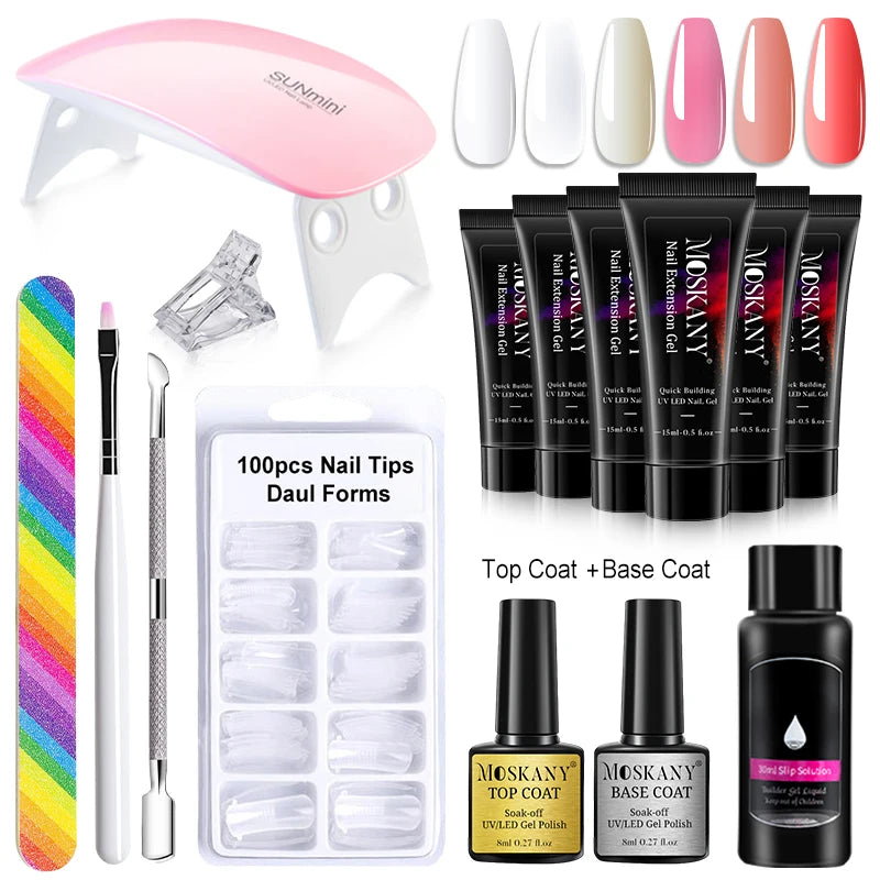 Poly Nail Gel Full Set with 6W LED Lamp Nail Set for Beginner Nail Tips Art 3D Design Decoration Extension Manicure Tools Kit