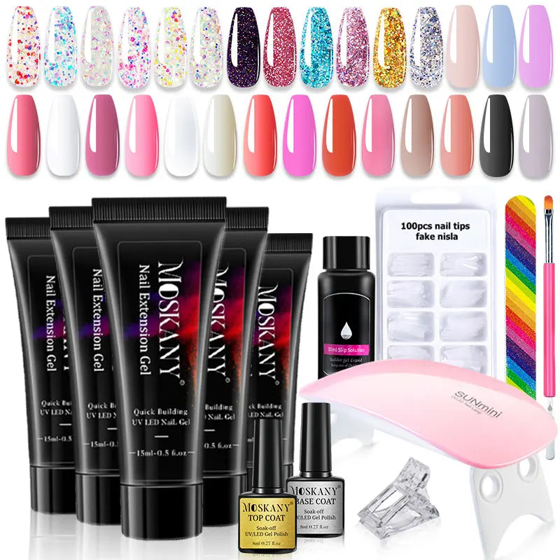 Poly Nail Gel Full Set with 6W LED Lamp Nail Set for Beginner Nail Tips Art 3D Design Decoration Extension Manicure Tools Kit