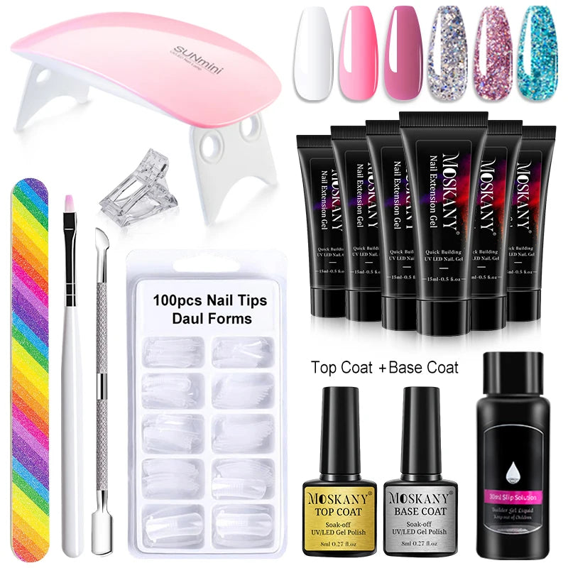 Poly Nail Gel Full Set with 6W LED Lamp Nail Set for Beginner Nail Tips Art 3D Design Decoration Extension Manicure Tools Kit