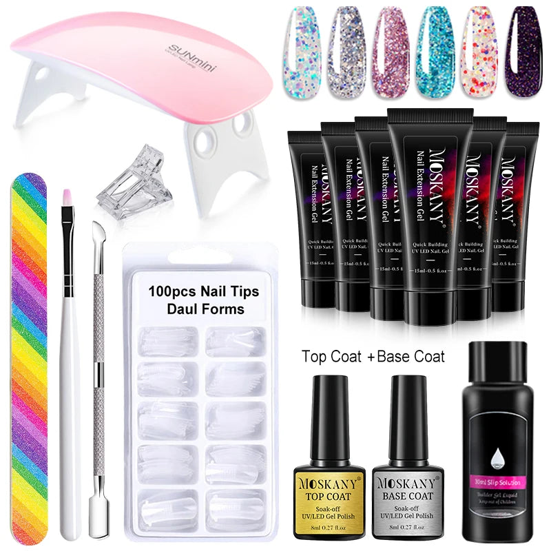 Poly Nail Gel Full Set with 6W LED Lamp Nail Set for Beginner Nail Tips Art 3D Design Decoration Extension Manicure Tools Kit