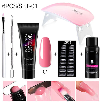 Poly Nail Gel Full Set with 6W LED Lamp Nail Set for Beginner Nail Tips Art 3D Design Decoration Extension Manicure Tools Kit