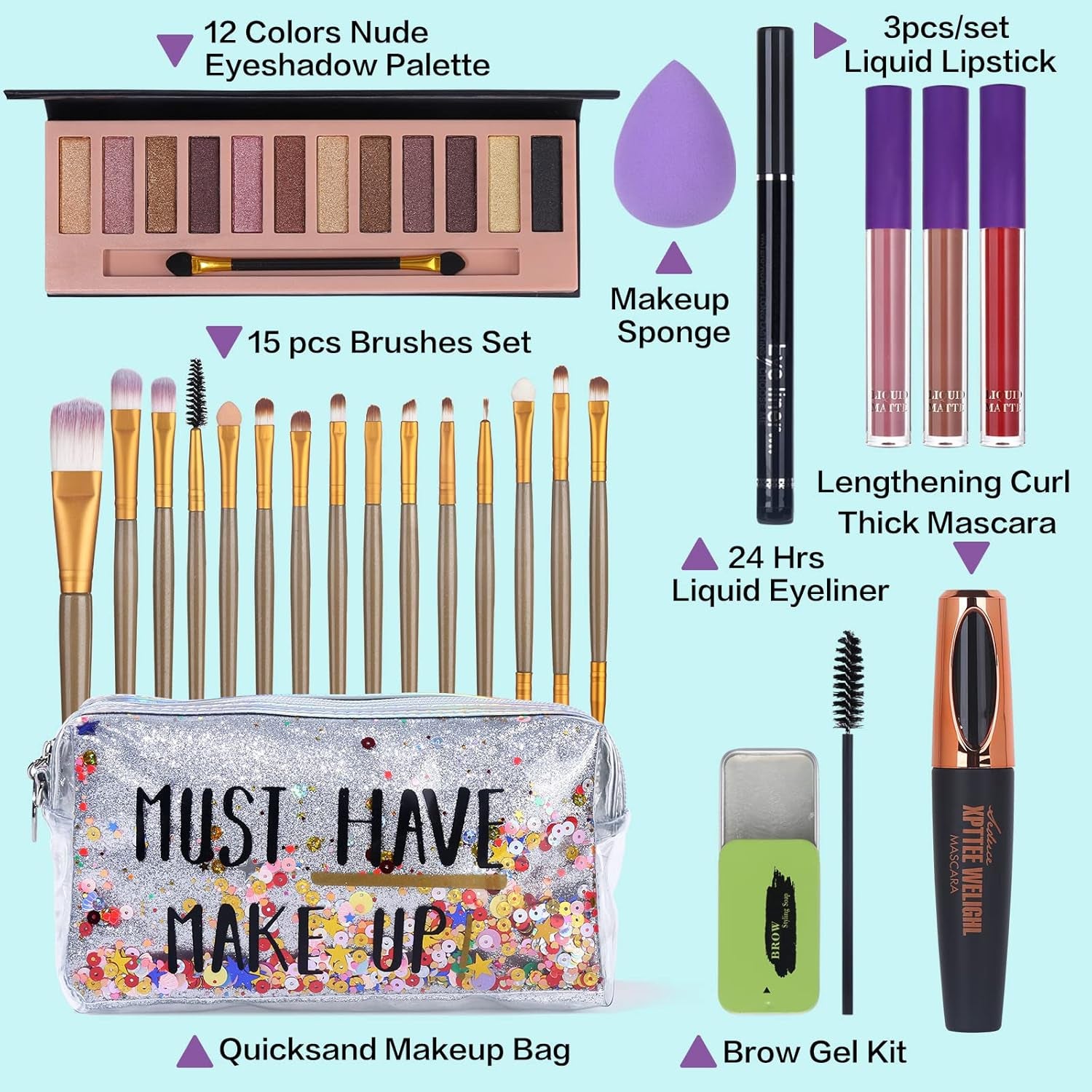 All in One Makeup Set for Women Full Kit - 12 Colors Eyeshadow Palette, Black Mascara Eyeliner Pen, 3Pcs Matte Liquid Lipstick, Eyebrow Soap Gel Kit, 12 Pcs Brushes & Sponge with Makeup Bag Gift Set